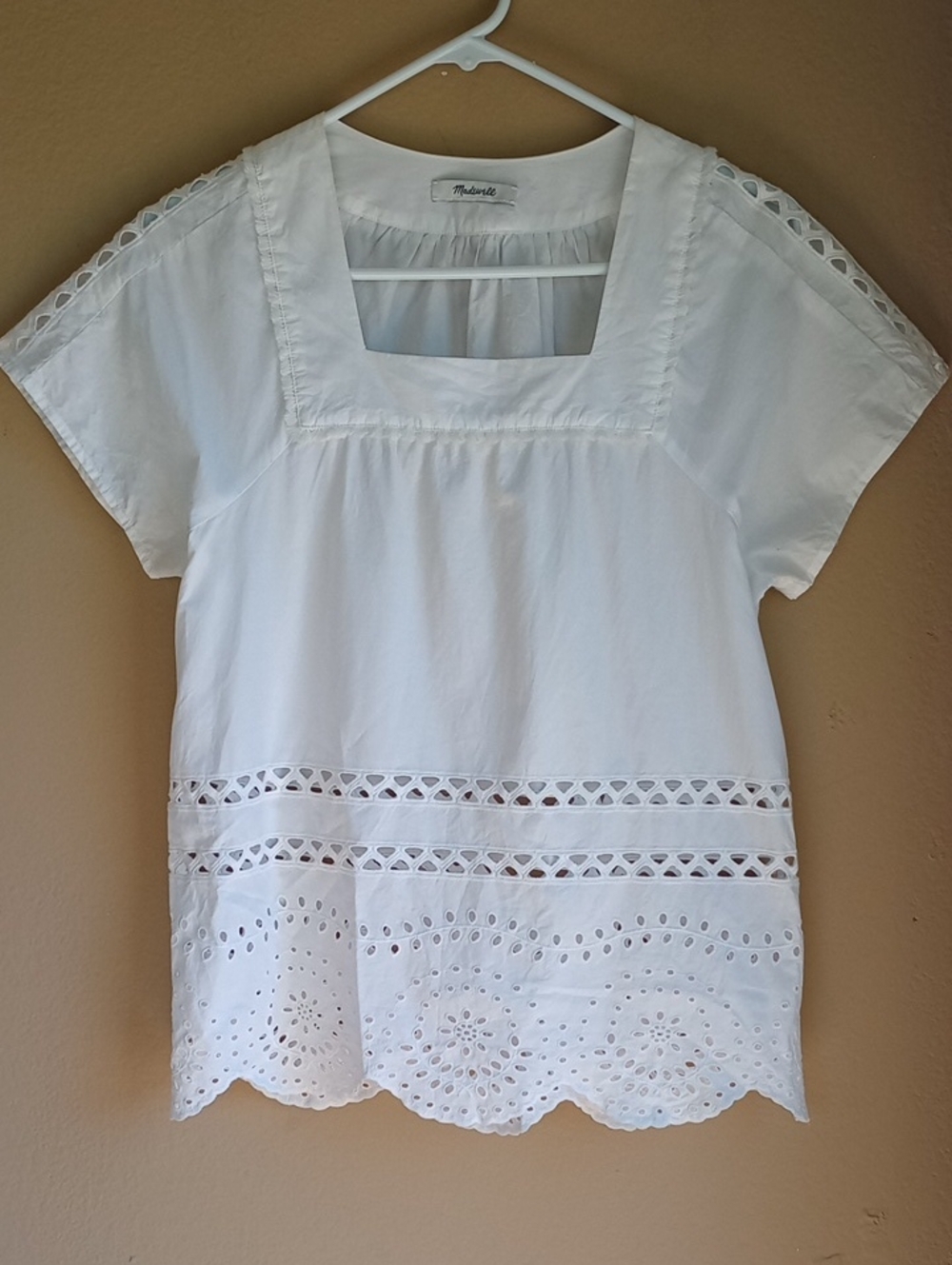 Madewell Eyelet Cotton Square Neck Short Sleeve White Top Size M